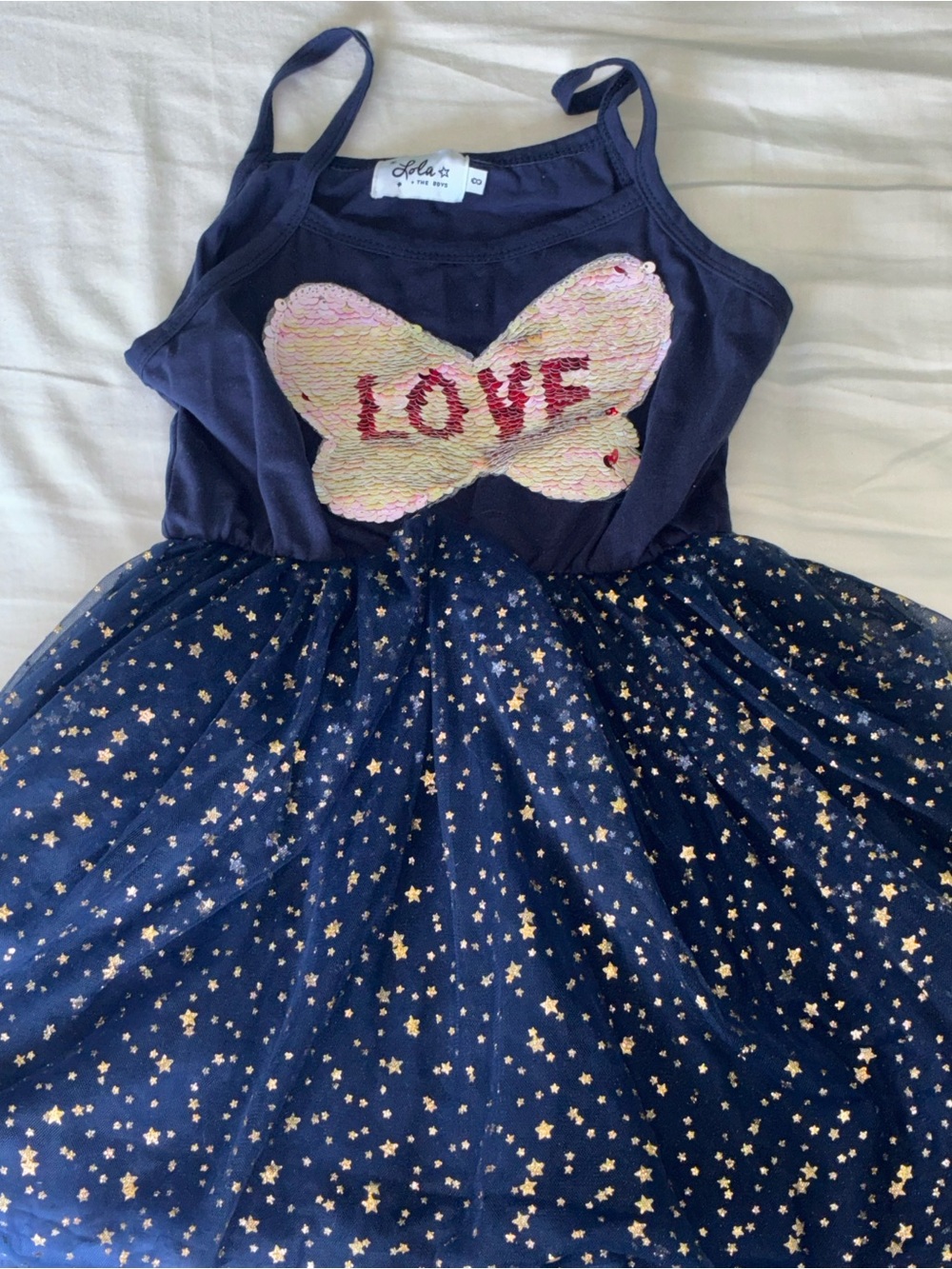 Lola + The Boys cotton dress w/ flippy sequin butterfly appliqué & starry tulle